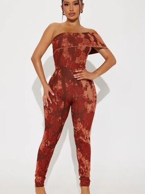 Fashion Nova Rust Brown Tie-Dye Off-Shoulder Skinny Jumpsuit
